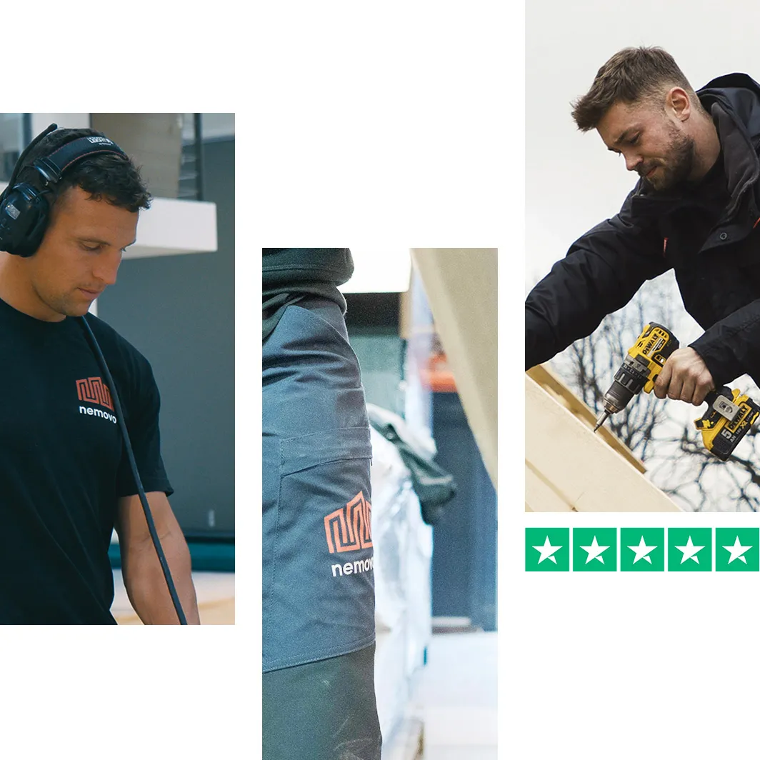 Håndværkere fra Nemovo i arbejde med høreværn og skruemaskine, og fem grønne Trustpilot-stjerner